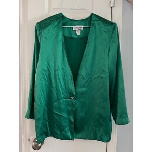 Jonathan Logan Blazer Cardigan Womens Small Single Button Satin Emerld Green VTG